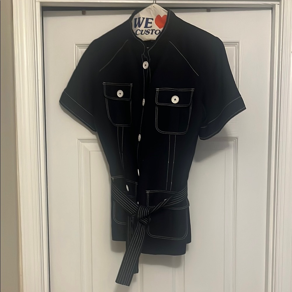 Calvin Klein Collection Black Short-Sleeve Belted Blazer with White Topstitch